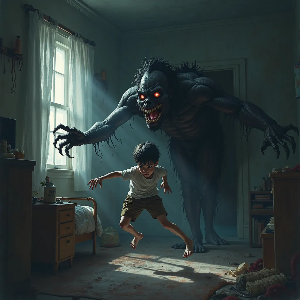 The Boogeyman holds the boy's ankle and pulls him violently under the bed. The mattress is being lifted, as if something big is moving underneath. Dark shadows spread across the room.