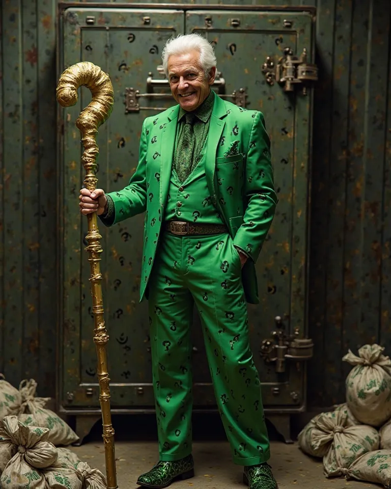 The age Riddler has a flamboyant and iconic look. He wears a vibrant green suit covered in several black question marks, reinforcing his identity as an enigmatic villain. The outfit includes matching pants and green shoes with black details.

His hair is s...