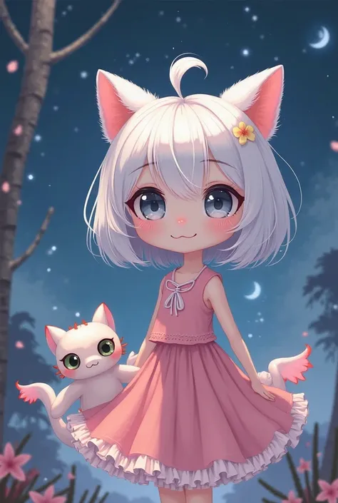 Generate contryhumans Japan anime Skinny girl cat ears pure white body cute with pink skirt with pink (skirt riding in a) ( small night furry dragon from how to train your dragon)