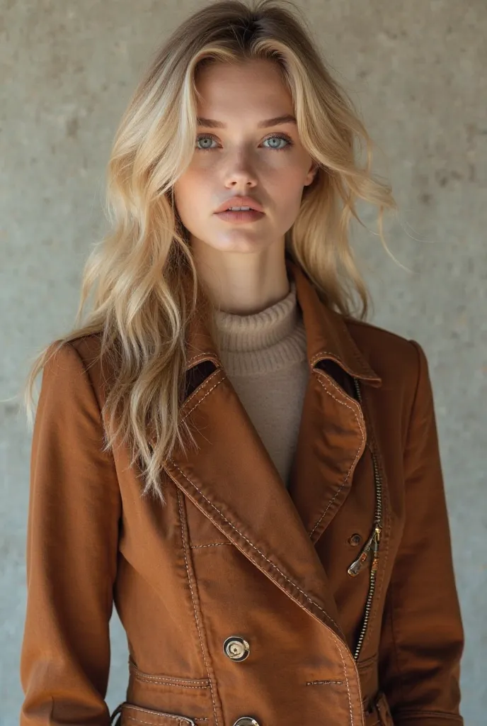 Blonde girls as a model nodelling a brown jacket