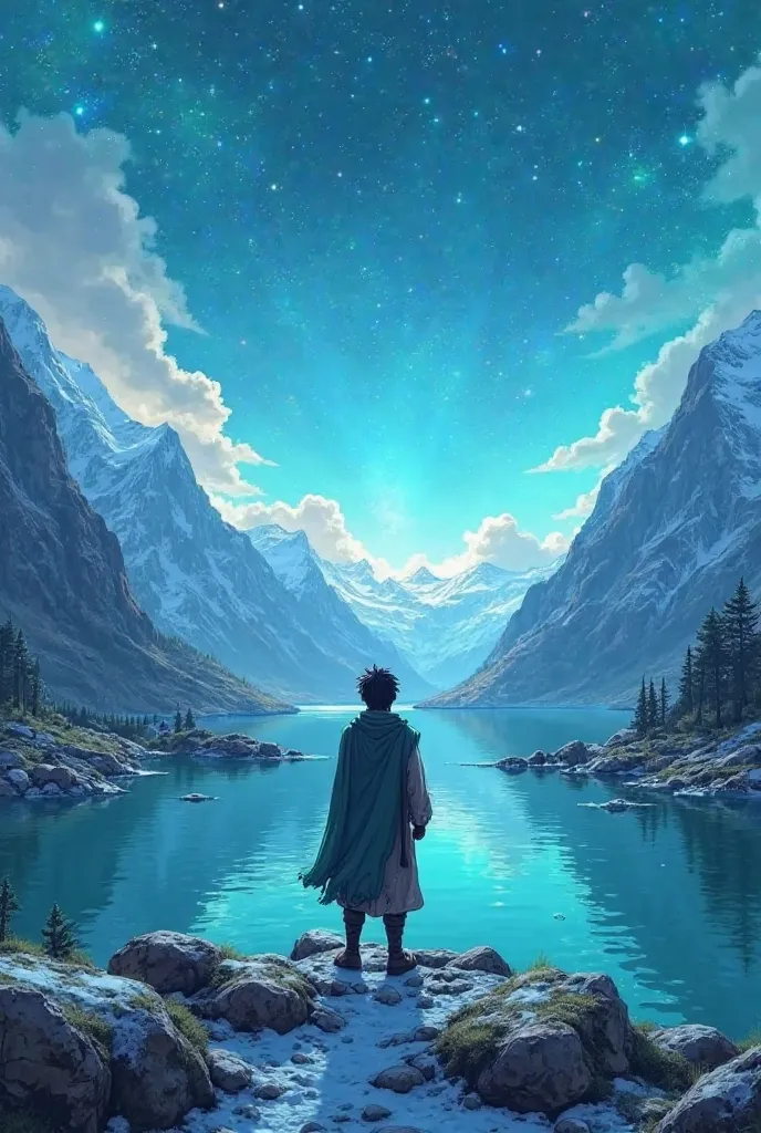 The prince reaches a breathtaking Jheel Saiful Malook, with turquoise waters reflecting the starry sky.

Snow-capped mountains surround the mystical lake, and the atmosphere feels magical.

The prince gazes at the lake, waiting for the fairy.animated image