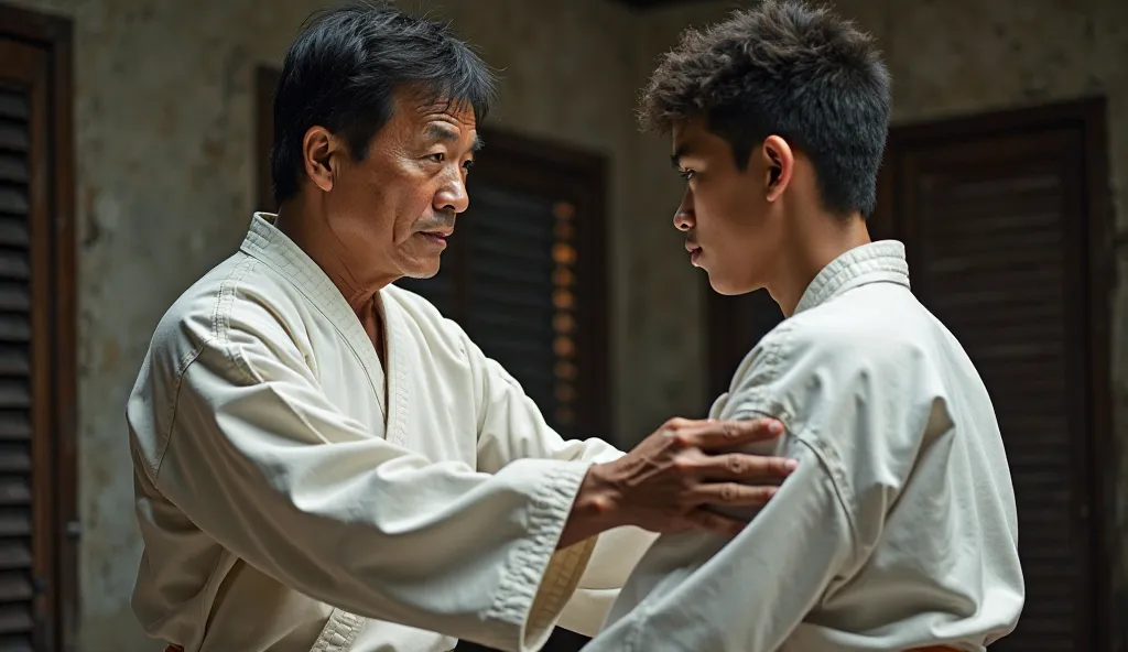 Jackie Chan teaching karate to Jaden Smith. Both looking front, close image. 