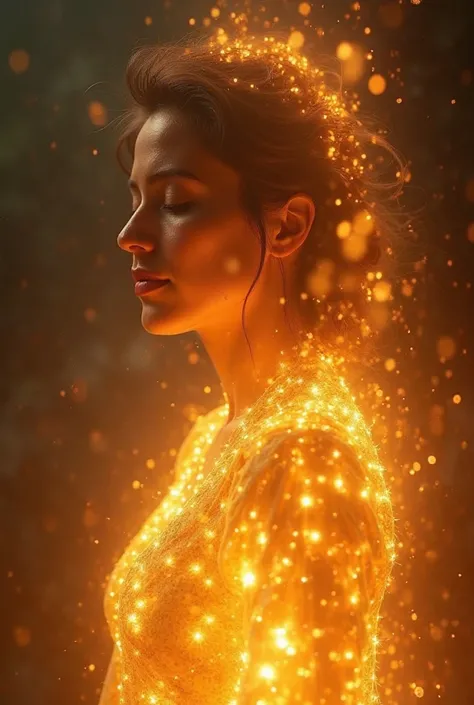 A very clear ultra hd dynamic image of"The woman suddenly transforms into a bright, divine light. Her form starts dissolving into a golden glow, illuminating the entire cremation ground. Her face remains serene, her eyes radiating power before she vanishes...