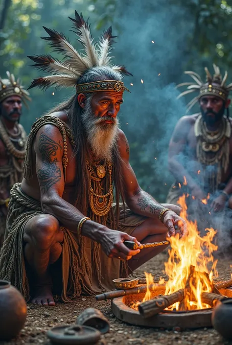 An elderly shaman performs a sacred ritual around a bonfire, wearing a traditional indigenous outfit with mystical patterns and a feathered headdress. His face is serious and focused as he holds ritual objects in both hands. Blue smoke rises around him, cr...