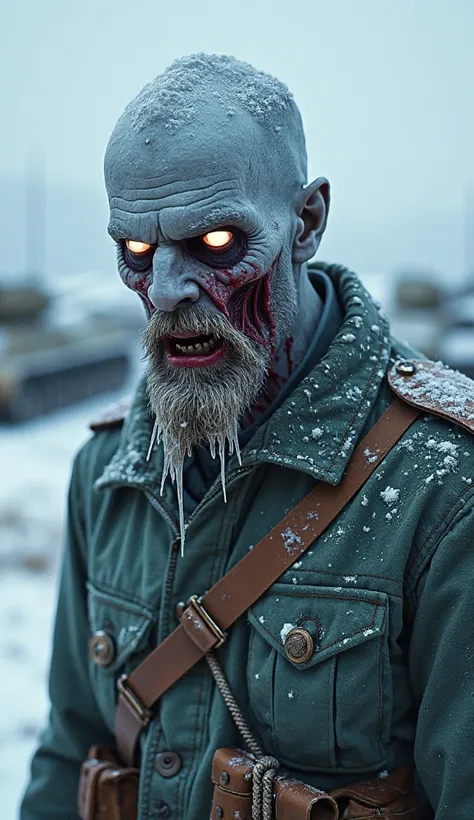 A horrifying zombie soldier from Soviet-era Russia, his uniform torn and covered in frost. His pale blue skin is cracked with deep ice veins, and his mouth drips with blackened blood. His empty eyes glow with an eerie white light, and icicles hang from his...