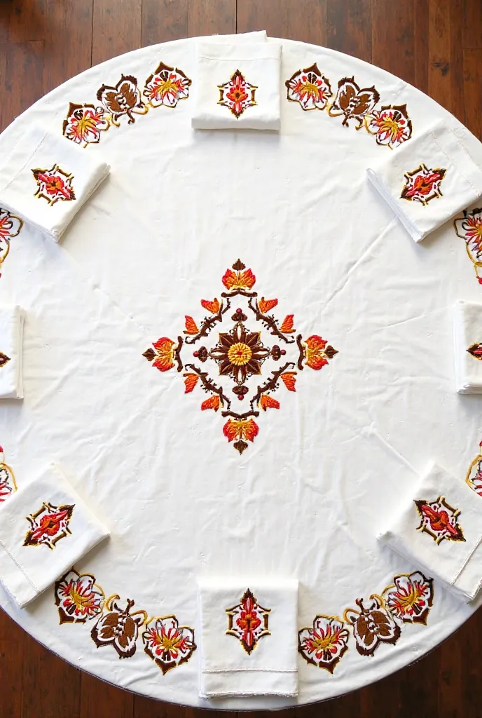 A round, white tablecloth is centrally positioned.  The tablecloth is adorned with intricate, colorful cross-stitch embroidery.  The design features a symmetrical pattern of geometric shapes and floral motifs in shades of brown, beige, orange, red, and yel...