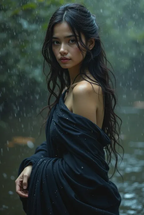 A girl in black saree with wavy hair in low hip and in wet