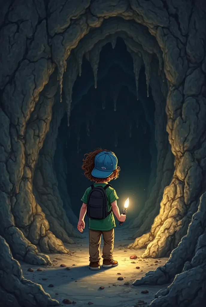 [Sassa], [], [wearing a blue cap], [brown curly hair], [Brave], [green shirt, brown pants and a black backpack], [entering a dark cave with a flashlight], [The setting is a shadowy cave with stalactites and drawings on the walls], [Hyper-realistic and incr...