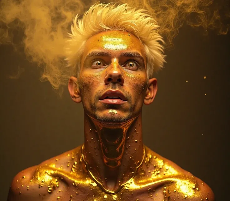 hd quality,vibrant colour image, 24 year old,male ,short blonde hair  ripped handsome, stands entranced, Plumes of metallic gold smoke are inhaled through his  mouth, and nose ,metallic gold liquid eyes dripping down over his face, metallic gold goopy liqu...