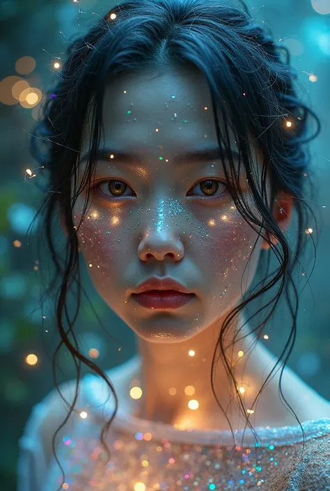 Portrait hyperréaliste en **photographie macro et longue exposition asiatic girl**, capturant une entité mi-humaine, mi-minérale dans une atmosphère bioluminescente. Son visage, sculpté par le temps, est en partie recouvert de cristaux iridescents qui réfr...