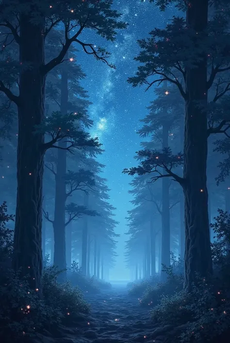 I want a night forrest with main theme colors are blue and white and black of all shades, i want starry clear night sky with the view from the forrest looking up