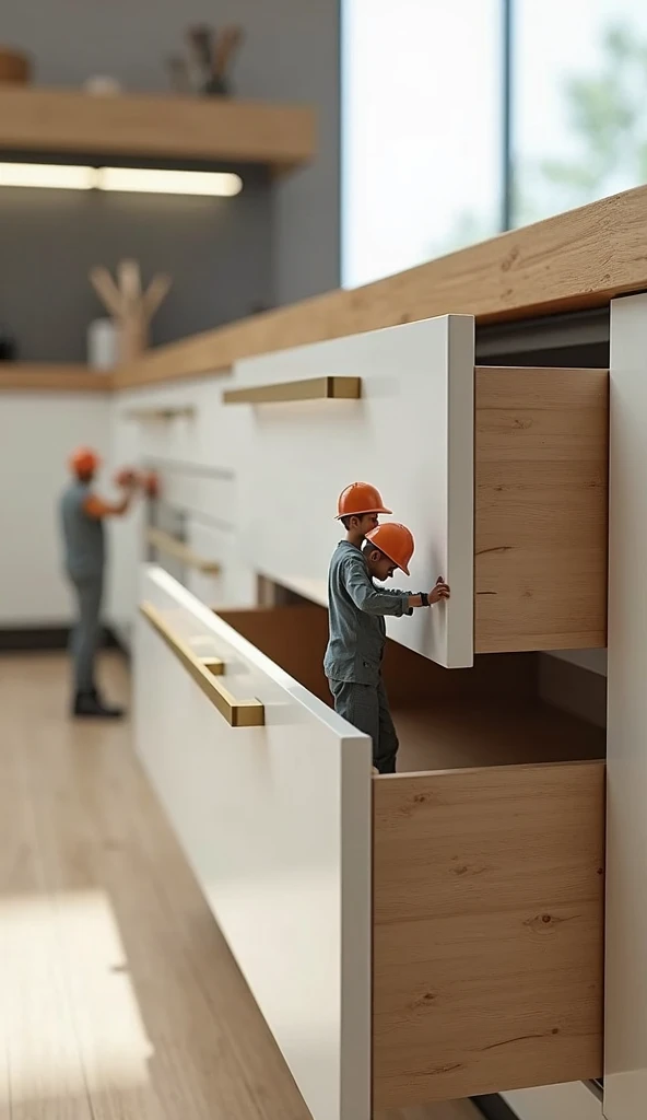 A group of tiny workers in a modern kitchen interior, actively collaborating to open and organize sleek kitchen drawers with brass handles. The scene highlights their craftsmanship and attention to detail as they work together to adjust cabinet mechanisms,...