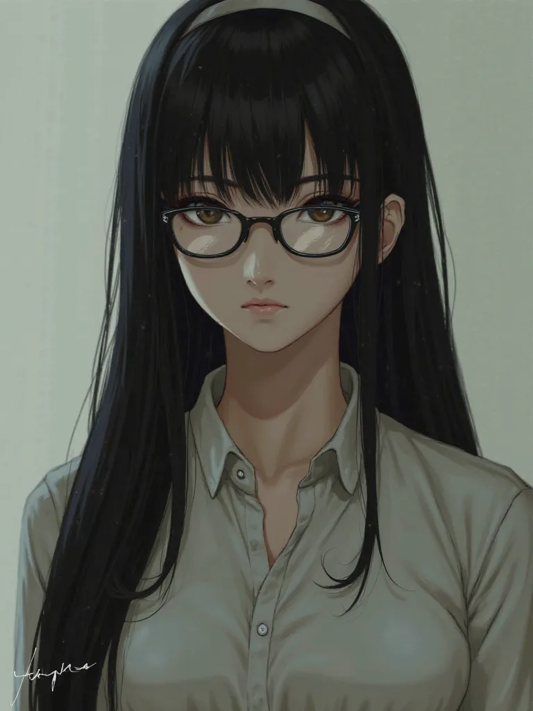 Humana Wearing Glasses, 1 Japan ,  long hair, High resolution, small breasts, vision, black hair, anatomically correct, sparkling eyes, Eyebrows hidden under the hair, hair band, long shirt-like dress, full-length portrait, long hair,  look up ,  portrait ...