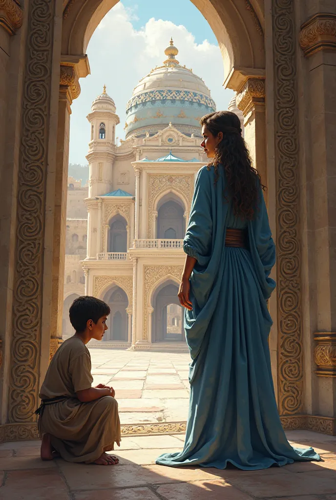 A Hebrew woman in blue robes peeking into the entire palace and a Hebrew boy bent down