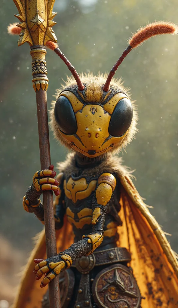 a majestic young warrior wasp bee, with a chiseled, muscular physique, stands proudly, grasping a intricately designed, ornate spear, its golden tip glinting in the light, rendered in ultra-realistic 3D, with a Pixar-inspired aesthetic, showcasing delicate...