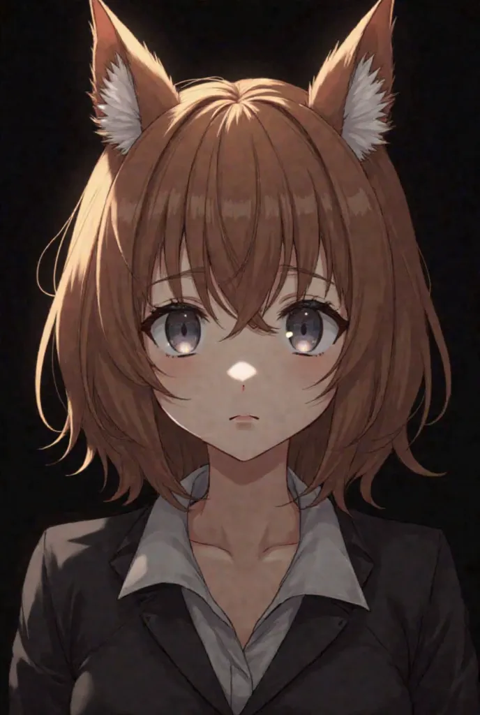 A highly detailed anime-style female character with chestnut brown hair and gray eyes. She has realistic, fluffy squirrel ears on top of her head. Her expression is calm and mysterious, with soft lighting accentuating her features. The background is comple...