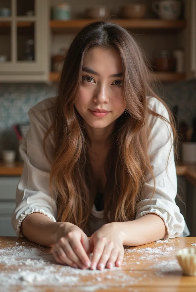 real photo.     s with brown hair.  at home at the table covered in flour