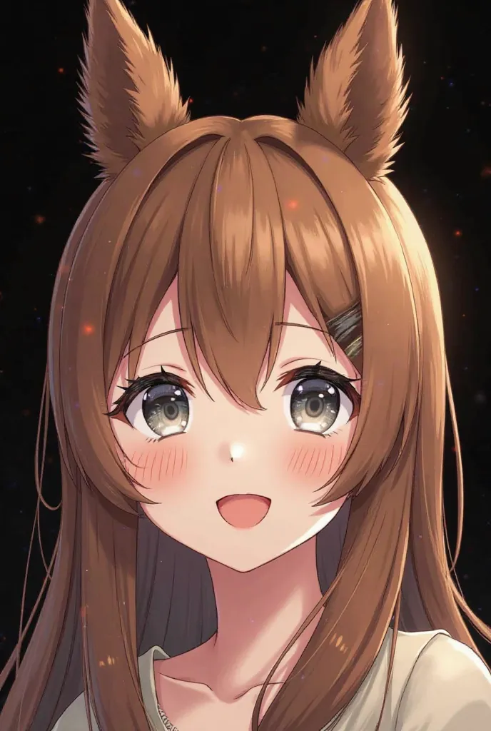 A highly detailed anime-style female character with chestnut brown hair and gray eyes. She has realistic, fluffy squirrel ears on top of her head. Her expression is happy and cheerful, with a warm smile and bright eyes. Soft lighting accentuates her featur...