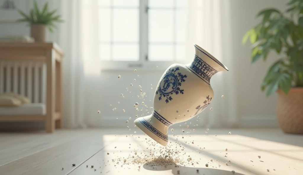 A realistic and dynamic image of a ceramic vase falling to the ground in slow motion. The vase should be in the air, slightly tilted, with some small fragments breaking off, giving the impression that it is about to break. The background should be simple a...