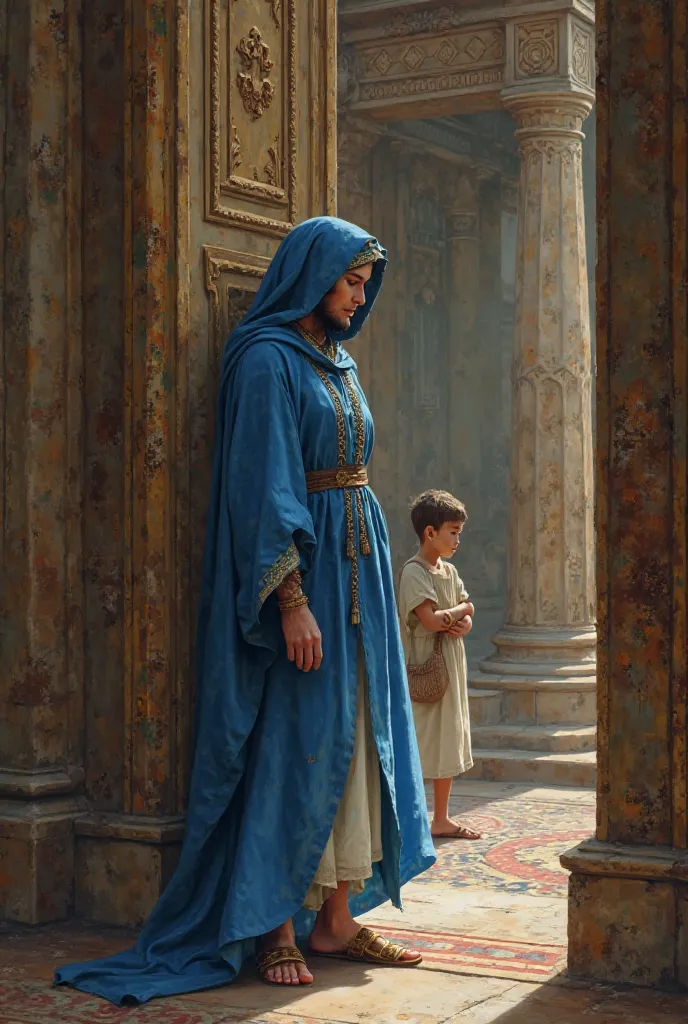 A Hebrew woman in blue robes peeking inside the palace and a lowered Hebrew boy