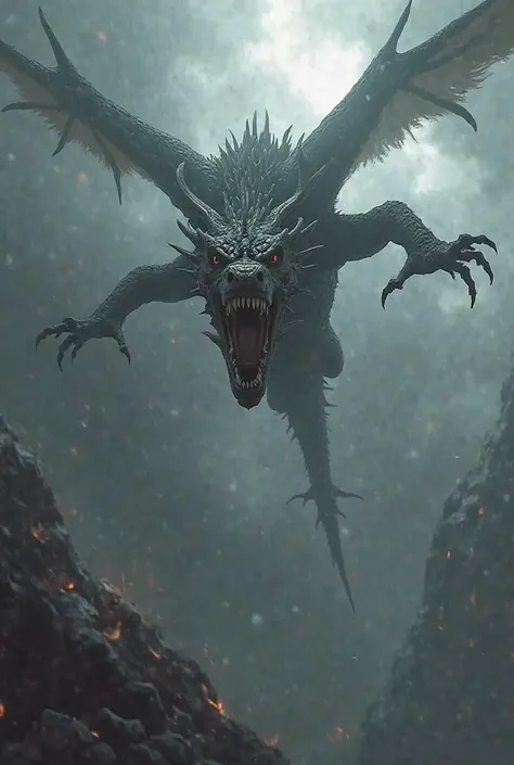 Game of thrones style dragon swooping down flying angry head down Arched back attack Mode skinny body hands out flying in the air 3/4 view clowns forward