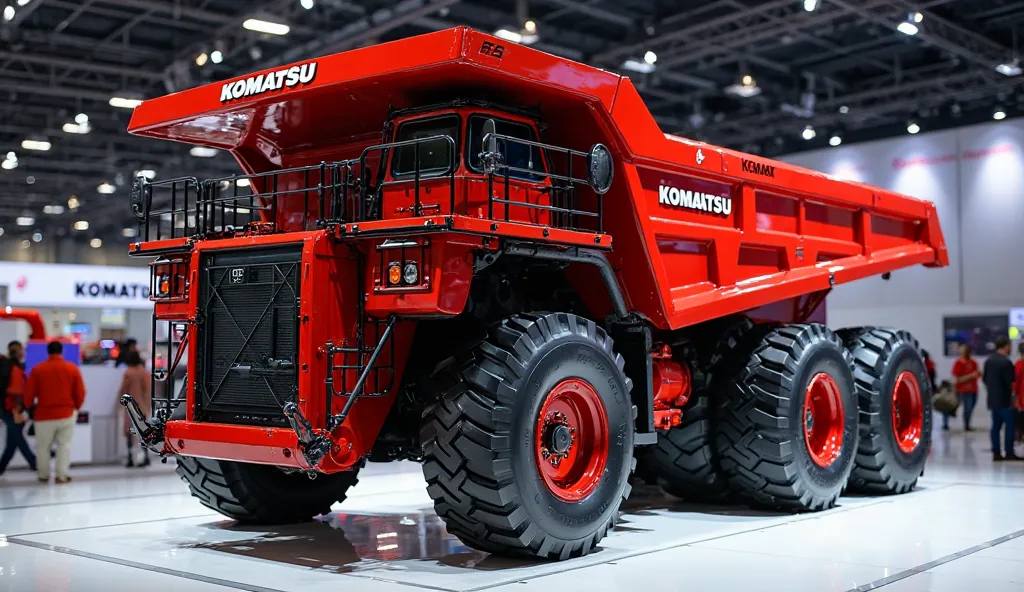 "2025 model Komatsu HD1500 truck in red color left side picture in showroom full hd realistic image