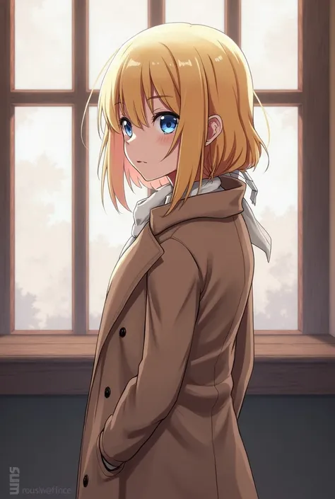 anime girl with blonde hair and blue eyes standing in front of a window, violet evergarden, ( ( wearing a long coat ) ), from girls frontline, fine details. girls frontline, girls frontline style, female protagonist 👀 :8, ufotable art style, from attack on...