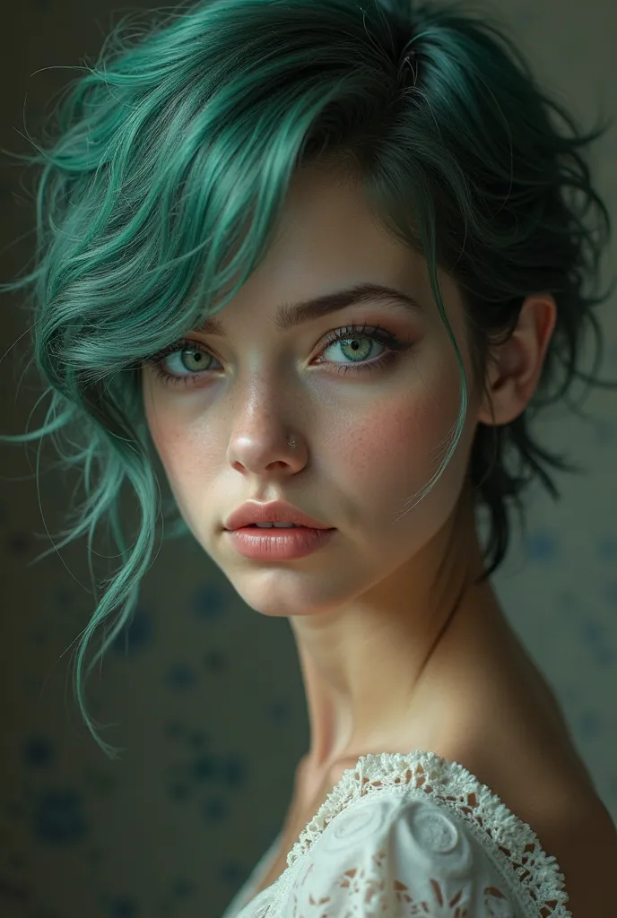 A very beautiful green-haired, blue-eyed woman with a short black undertone
