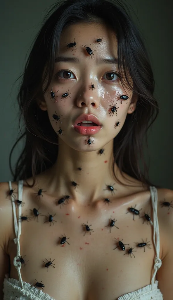 "A highly realistic, emotionally intense portrait of a young Korean woman, shown from the waist up, with a revealing neckline and large breasts. Her face is covered with dozens of small, black insects (like beetles or cockroaches) crawling over her forehea...