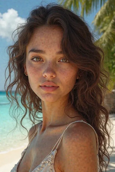 Create one with curly hair up to the middle of the back and with slightly yellowish skin and small eyes a little plump and that is very realistic and that is in Maldives 