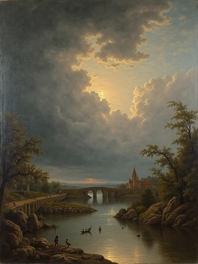 Image of a river with a bridge and small Roman ruins in the distance, dramatic landscape ,  stormy landscape , стиль by Jacob van Ruysdaelа, by Jacob van Ruysdael,  atmospheric scene , cloudy,  romantic landscape , baroque landscape painting , storm in the...