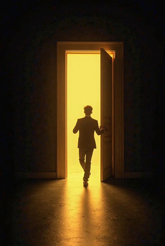 Image that illustrates the concept of 'The Power of Immediate Action'. The image should show a golden door open, representing a great opportunity. A silhouette of a person should be in motion, about to cross this door, symbolizing immediate action and the ...