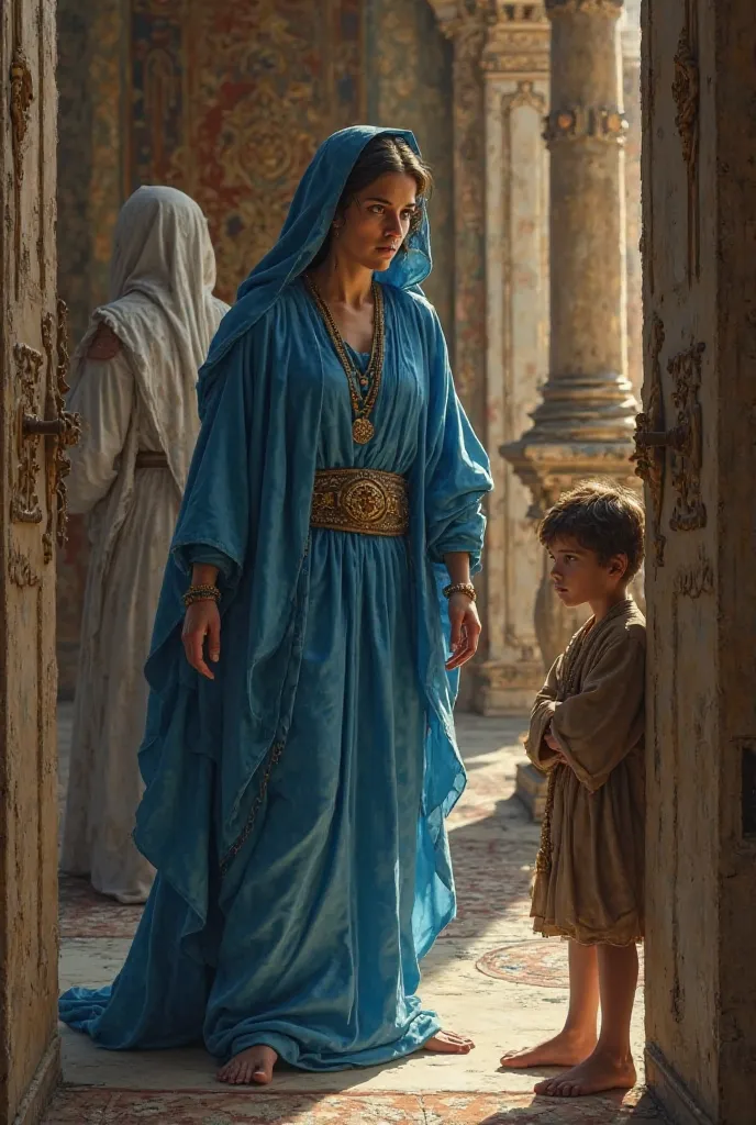 A Hebrew woman in blue robes peeking inside the palace and a lowered Hebrew boy