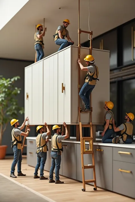 A group of tiny workers in a modern kitchen interior, collaboratively lifting and installing an upper kitchen cabinet unit. The scene captures their teamwork and ingenuity as they carefully maneuver the sleek, high-gloss cabinet into place, using miniature...