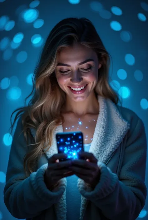 Create the real image of a very beautiful and very happy woman by touching her cell phone, She would have just seen some very good news, Put on as if you had some sparkles of blue light and blue glitter (Spots of Light ) Leaving her cell phone screen, and ...