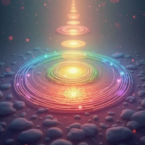 An array of vibrant energy circles, each radiating a unique color, creating a mesmerizing pattern that symbolizes spiritual healing and balance. The circles are surrounded by soft glowing light, with each color representing a different aspect of well-being...