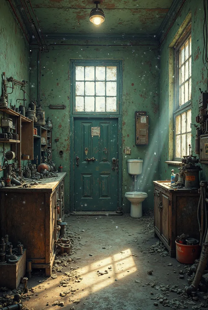 Okay, but let it be so undeveloped, and the inside of the building will be a repair shop, and the machines, iron pieces, the bidet a little dirty, let the walls be faded green