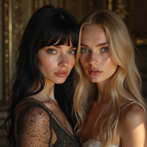 4k realistic photo, selfie PHOTO realista 4k, selfie: Two  girls with RUSSIAN features, one girl has black hair with bangs,  porcelain skin. The other GIRL has long golden blonde hair, blushed cheeks. They look like SOME GODDESSES, have elegant dresses, hy...