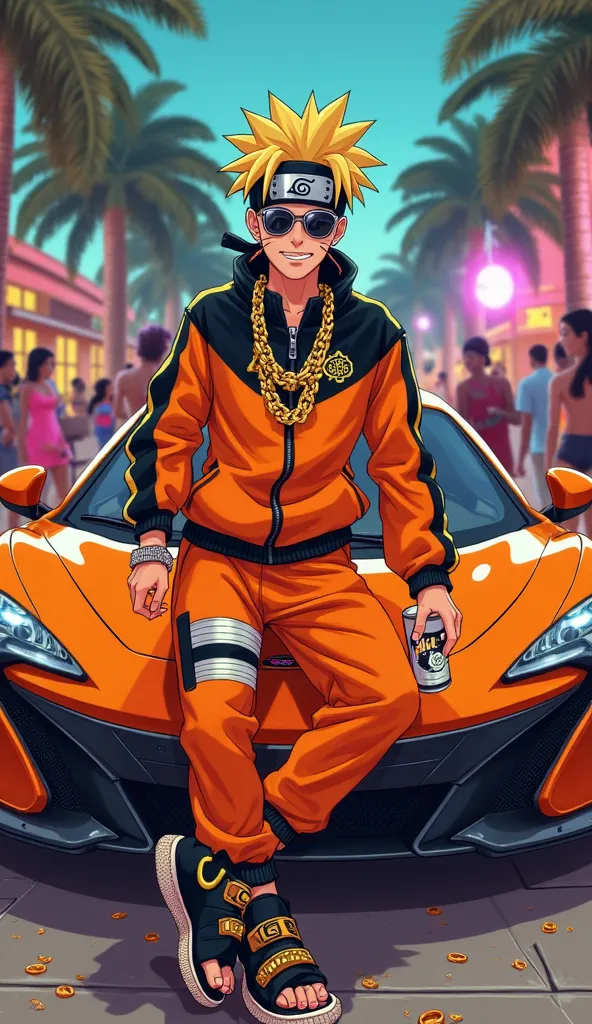 "Illustrate Naruto Uzumaki as a spoiled, arrogant rich  (playboy vibe). He’s wearing a designer tracksuit in bright orange and black, with the Uzumaki crest embroidered in gold on the chest. His sneakers are limited edition, glowing slightly, and he’s acce...