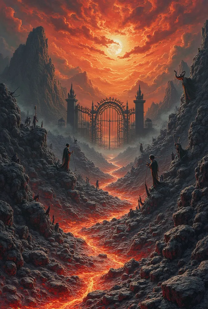 *bottom:* dark and stormy sky with black and reddish clouds.
*landscape:* Desolate valley with rocks, mountains of lava and a river of lava and fire.
*figures:* Doomed souls tormented by demons.
* details:* Cast iron gate, demons playing human bone instrum...