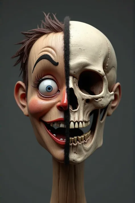 Generate half of the normal Pinocchio face and the other half of the face of his exposed skull, realistic version, on a solid Dark Gray background 