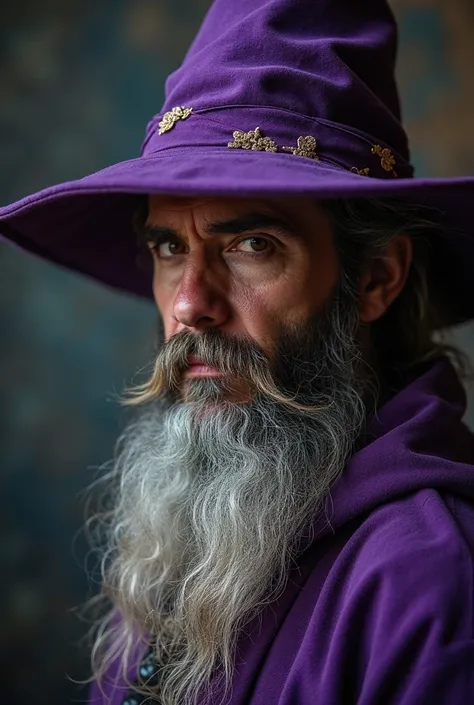 a close up of a person wearing a hat and a purple robe, a picture by Jakob Emanuel Handmann, reddit, hurufiyya, portrait of merlin, wizard hat cinematic lighting, merlin, dressed as a wizard, portrait of a wizard, still from a fantasy movie, male wizard, a...