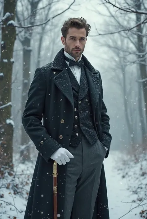 A man in aristocratic clothes, white gloves and a cane, stands against the background of the forest on a winter day 