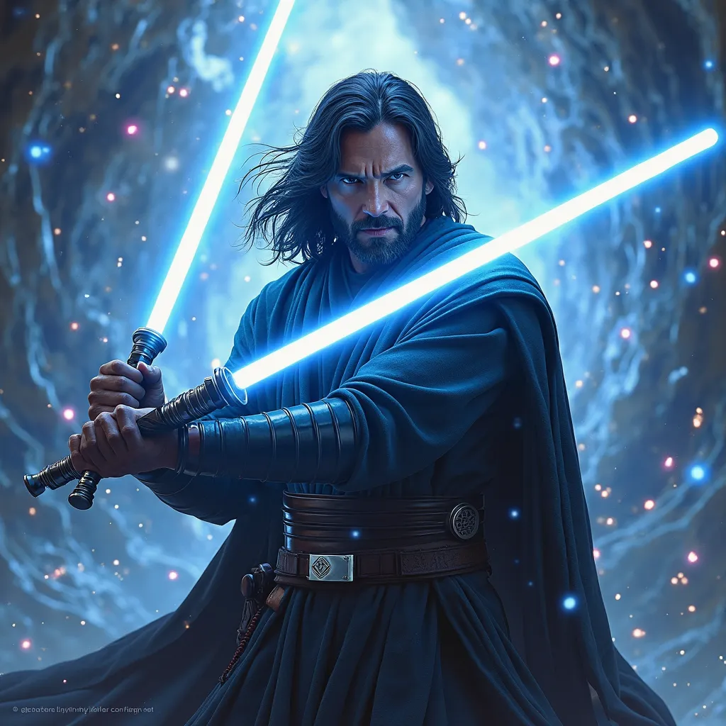 man Jedi knight with blue lightsaber, black hair 