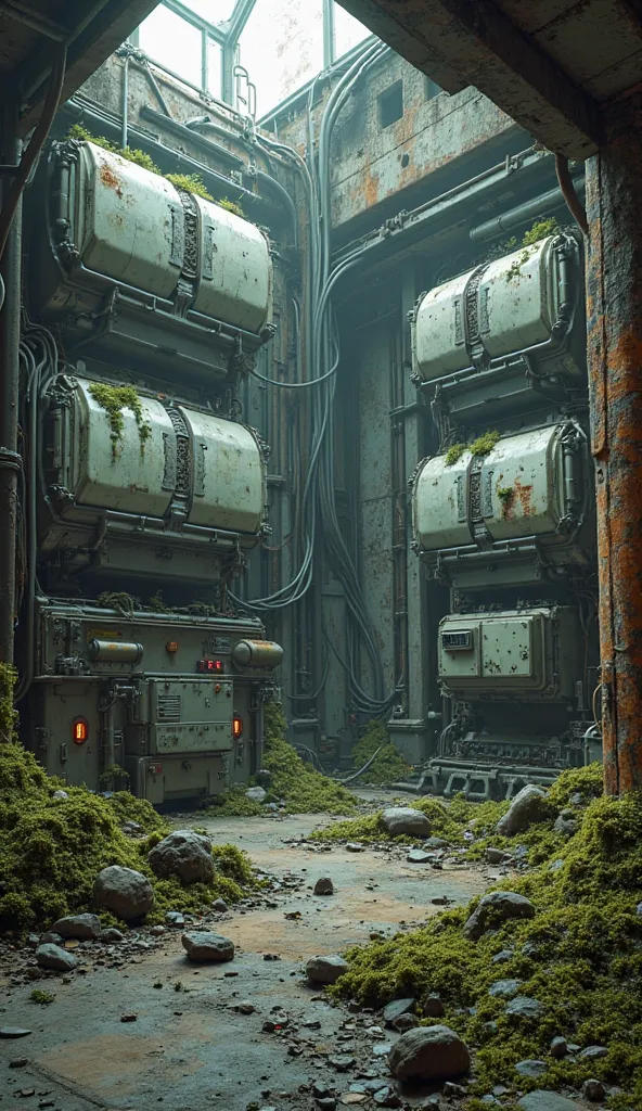 Futuristic laboratory interior, destroyed, several futuristic energy generators in one room, Cables to the walls, irregular, moss