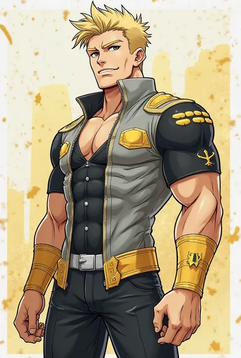 Age: ,
Skin color: white
Height: 6'5,
Weight: 228lbs.
Body type: he has a bulky, stocky beefy build,
hair color:dirty blond hair,
Hairstyle: short undercut side part,
Powers/abilities:
* Super strength,
* flight 
* yellow energy beams/bolts.

* He's a jock...