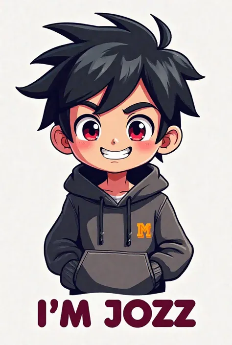 Create me a mascot logo where the mascot is a black-haired gamer boy with a sweatshirt and below it says I'm Jozz