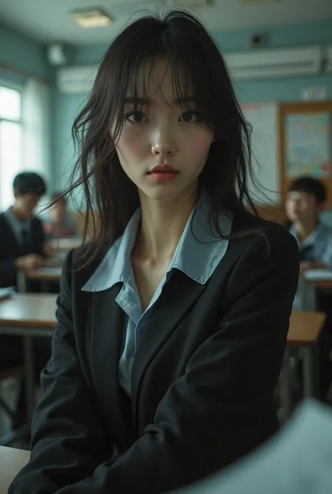 a nearly real image of a Korean young woman with big eyes posing seductively in a dimly lit classroom wearing a sexy school uniform with students dancing in the back round and papers flying around