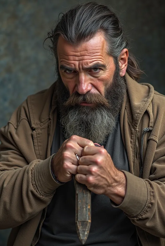 A man with beard holding a wedge 