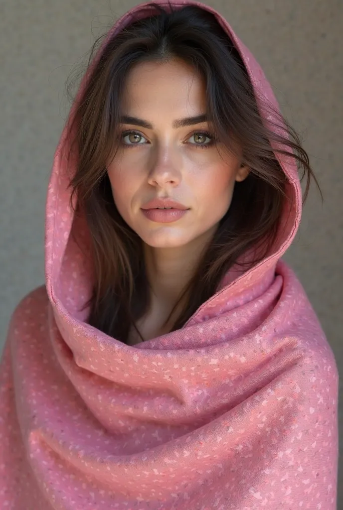 A photo of a very beautiful and attractive 25-year-old Iranian young lady whose face is perfectly symmetrical and who has thrown a pink shawl freely over her hair and wrapped it around her neck and covered her chest with a shawl and has smokey makeup